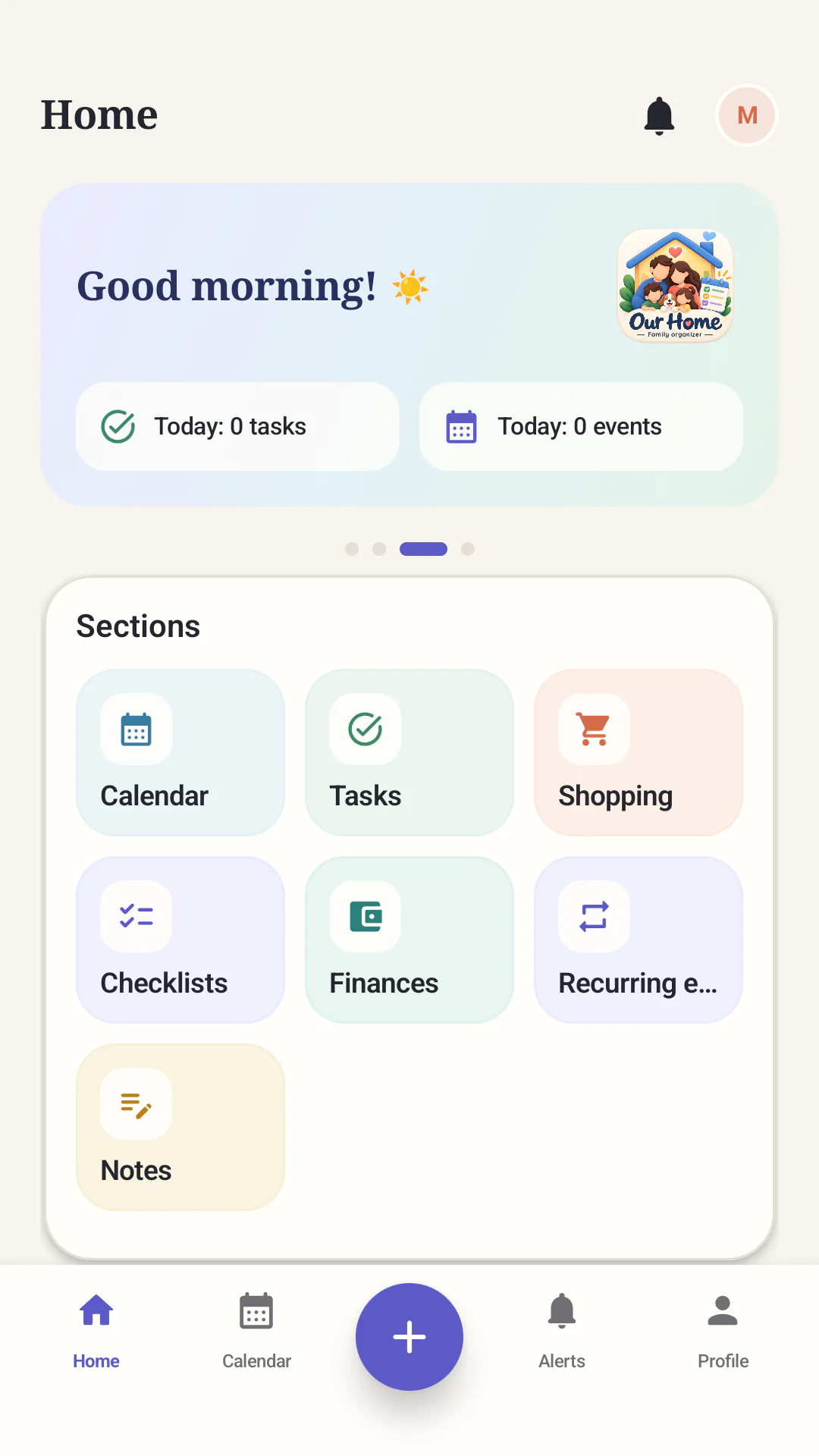 Our Home overview showing the family tasks for today
